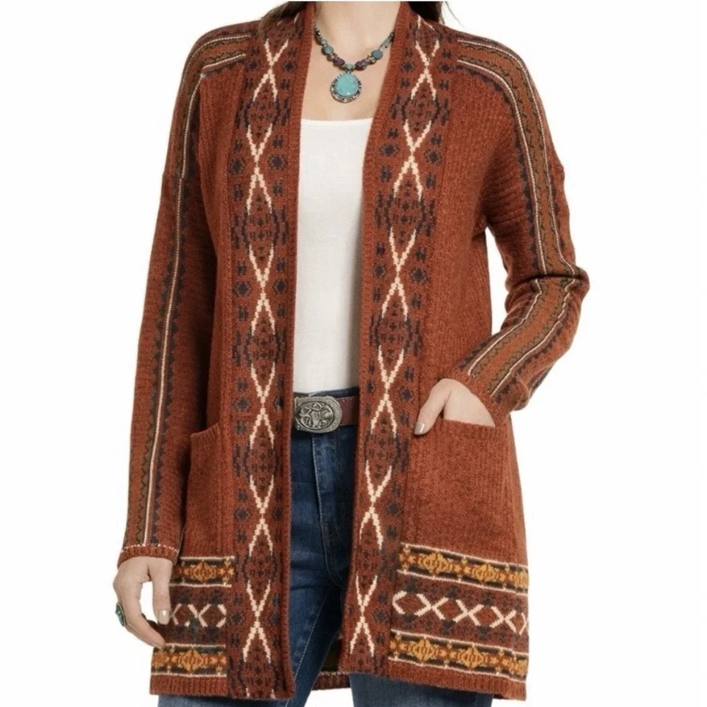 Lucky‎ Brand Aztec Southwestern Open Cardigan sz Large Rust Brown Boho